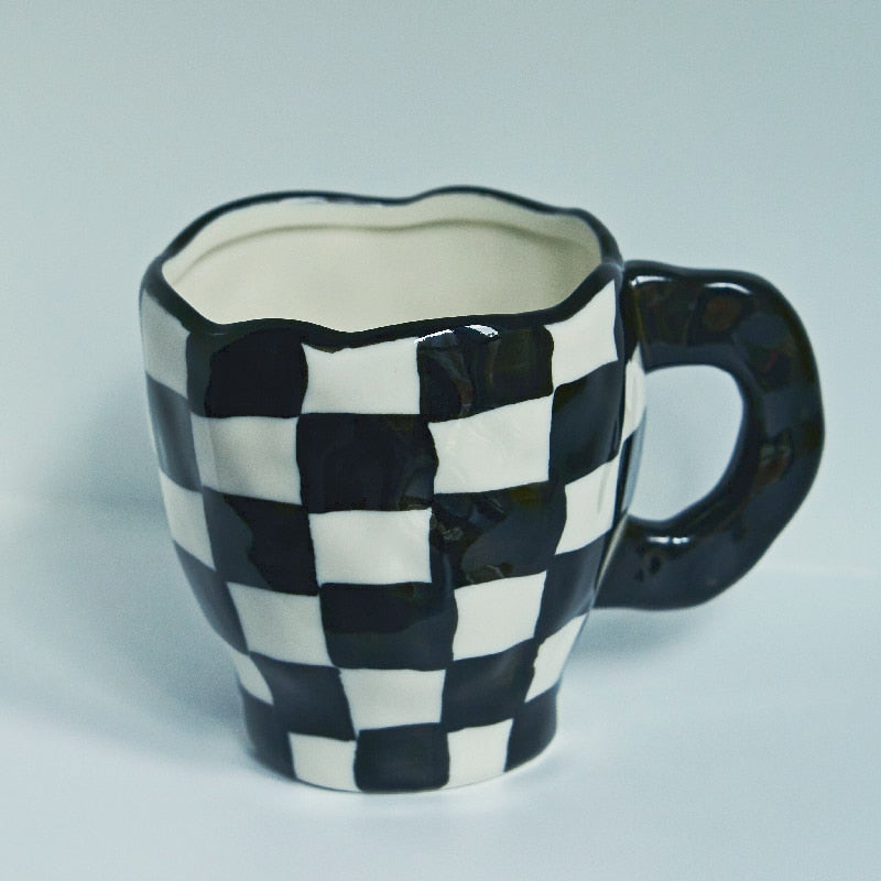 Nordic Monochrome Cup Black and White Checkerboard Mug Ceramic Cup Ins Coffee Cup Dish Afternoon Tea Cups Creative Mugs