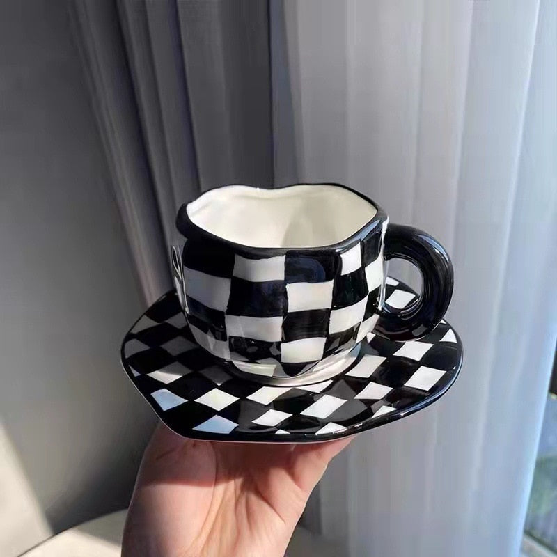 Nordic Monochrome Cup Black and White Checkerboard Mug Ceramic Cup Ins Coffee Cup Dish Afternoon Tea Cups Creative Mugs