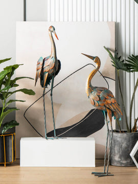 Garden Statues of Metallic Crane Bird Sculptures Set of 2