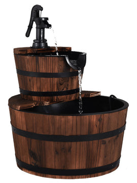 2-Tiers Outdoor Wooden Barrel Waterfall Fountain with Pump