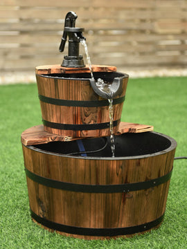 2-Tiers Outdoor Wooden Barrel Waterfall Fountain with Pump