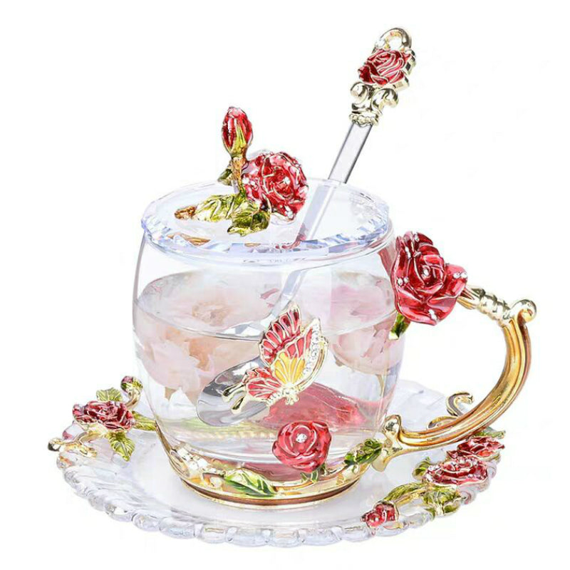 A Red Rose Enamel Crystal Glass Tea Set Is A Good Bet For As A Lover Tea Set Or A Couple Mug