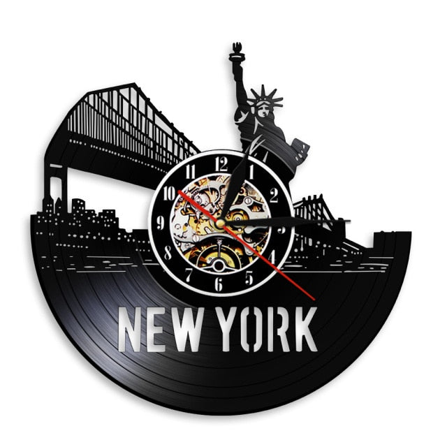USA New York Skyline Cityscape Vinyl Record Wall Clock Brooklyn Bridge Manhattan NYC for Modern Home Decor Living Room Wall Decor Gift