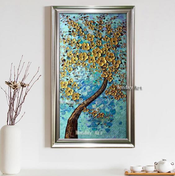 Large best Hand painted thick Knife Flower Oil Paintings  3D golden tree oil Paintings Wall pictures on Canvas for living Room
