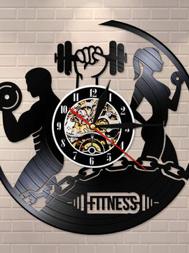 Fitness Vinyl Record Clock Sport Body Health Handmade Sports GYM Wall Art Bodybuilding Room Decor Dumbbell Vintage LP Wall Clock