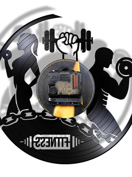 Fitness Vinyl Record Clock Sport Body Health Handmade Sports GYM Wall Art Bodybuilding Room Decor Dumbbell Vintage LP Wall Clock