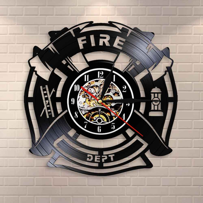 Fire Dept Sign Decoration Wall Clock With Firefighter On Vinyl Record Use It As A Man Cave Decorative