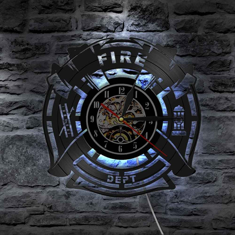 Fire Dept Sign Decoration Wall Clock With Firefighter On Vinyl Record Use It As A Man Cave Decorative