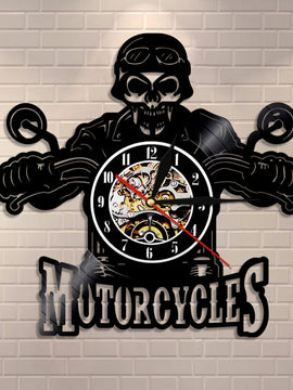 Skull in Helmet Racer Motorcycles Wall Clock Racer Skull Biker Vinyl Record Wall Clock Halloween Home Decor Skull Rider Clock