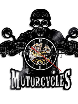Skull in Helmet Racer Motorcycles Wall Clock Racer Skull Biker Vinyl Record Wall Clock Halloween Home Decor Skull Rider Clock