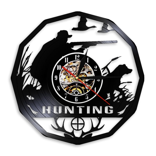 Deer Hunter Hunting Gift Wall Clock Retro Vinyl Record Wall Clock Animals Trophy Award Men Rifle Aiming Decorative Clock Watch