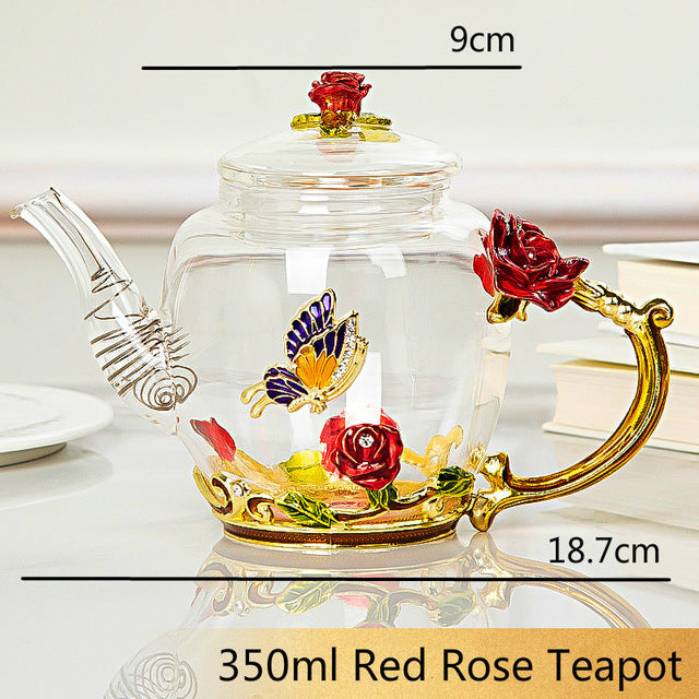 Red Rose Flower Enamel Crystal Glass Tea Set With Teapot For Home And Office Teaware Sets And Gift Purpose