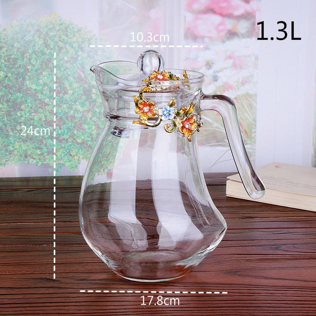 Red rose Enamel Crystal Flower Glass Teapot for Hot and Cold Drinks 1300ml Home Drinkware Office water kettle Tea set coffee pot