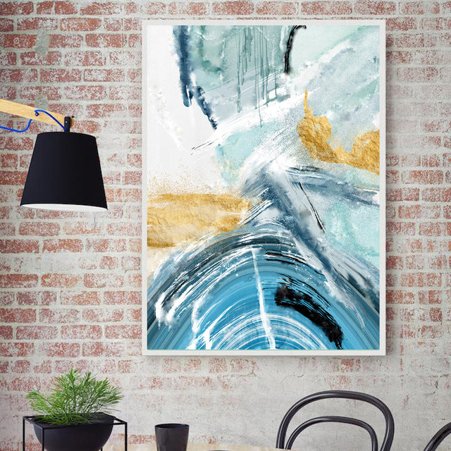 Modern Abstract Canvas Painting Poster and Print for Living Room Blue Bedroom Home Decor Picture Large Wall Art Golden Painting