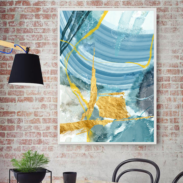 Modern Abstract Canvas Painting Poster and Print for Living Room Blue Bedroom Home Decor Picture Large Wall Art Golden Painting