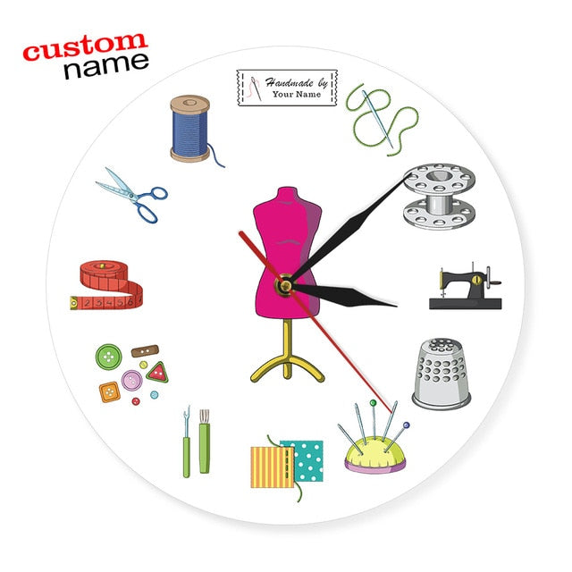 Modern Wall Clock Of Seamstress Tailor Shop Quilting and Sew Personalize Name
