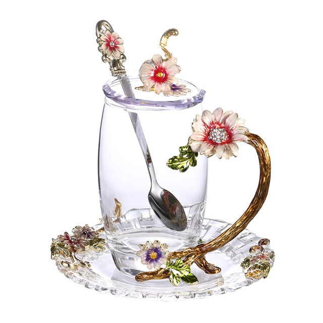 Red Flower High Grade Enamel Transparent Glass Mug With And Stainless Steel Spoon Is Quite An Experience As Tea Mugs