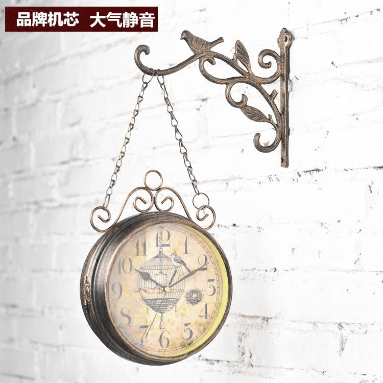 Simple, Silent, Creative And European And American Retro Double-Sided Iron Wall Clock For Living Room Decoration With Quartz For Silent Timekeeping