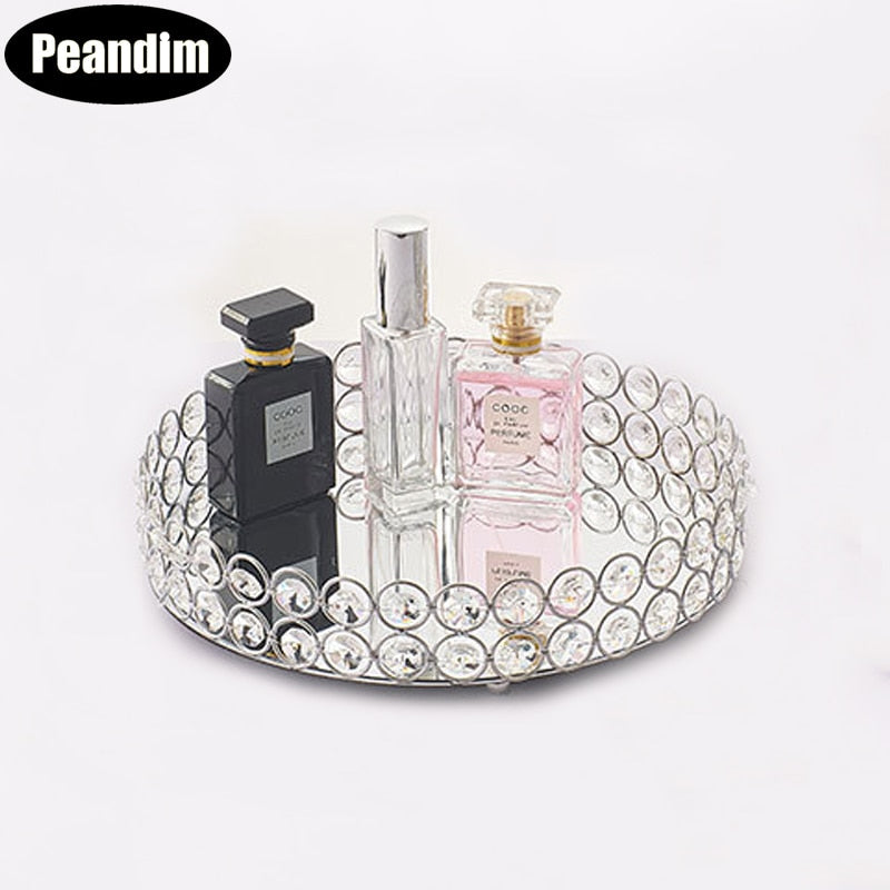 Round Crystal Mirror Storage Tray For Jewelry, Cosmetics, Birthday Party, Or Dessert Plate At Home
