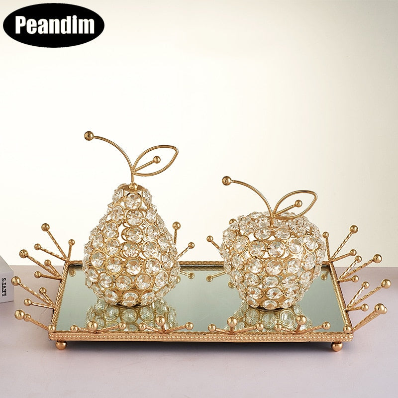 Gold Plate Crystal Apple Pear Home Decoration Accessories Cosmetic Storage Tray Desktop Valentine's Day Props Ornaments