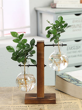 Terrarium Hydroponic Plant Vases Transparent Glass Vintage Flower Pot with Wooden Frame for Home Décor of Bonsai Plants