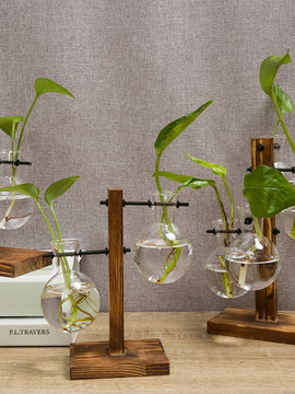 Terrarium Hydroponic Plant Vases Transparent Glass Vintage Vase with Wooden Frame for Home Décor of Bonsai Plants