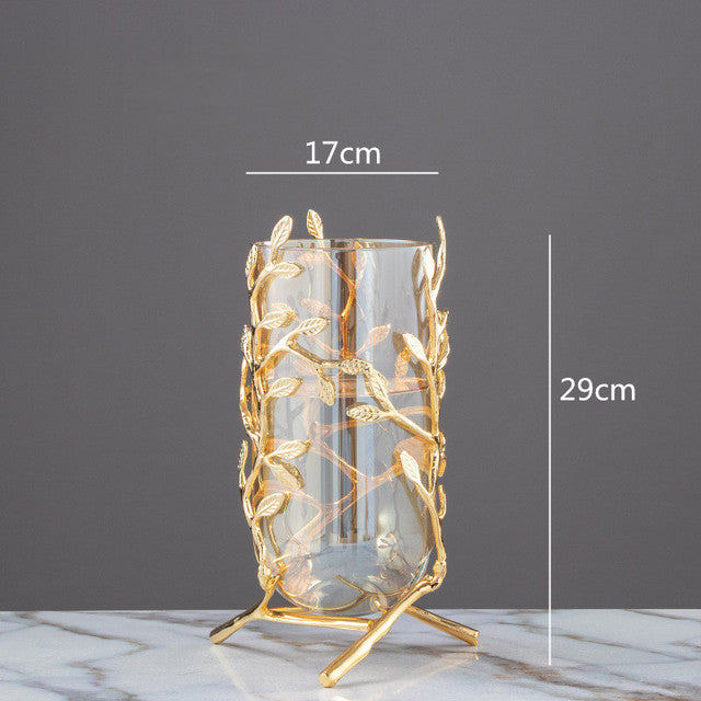 Transparent Glass Vase With Subtle Gold Metal Frame Branches For Flower Vase Flower Arrangement Or To Keep Hydroponics For Home Decoration