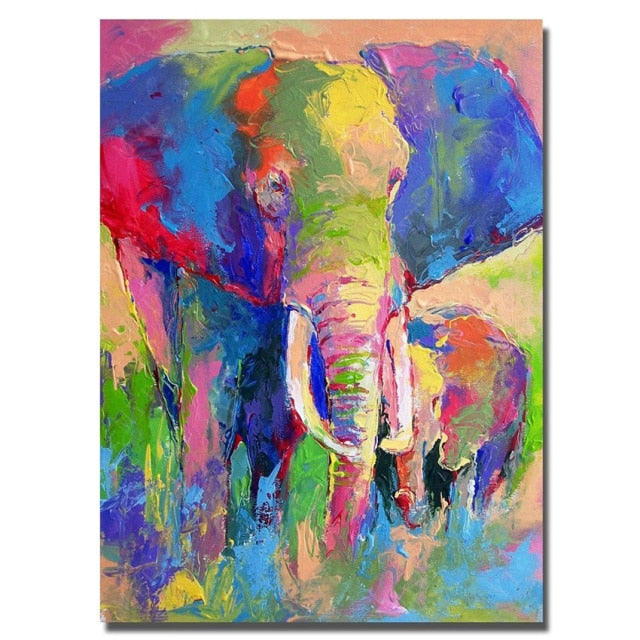 Colorful Indian Elephant Oil Painting On Canvas Is A Decorative Wall Art