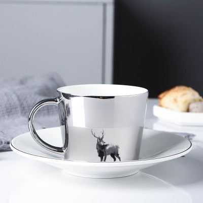 Cute Cartoon Printed Coffee Mugs With Galvanized Finish And Reflective Mirror Cup and Saucer