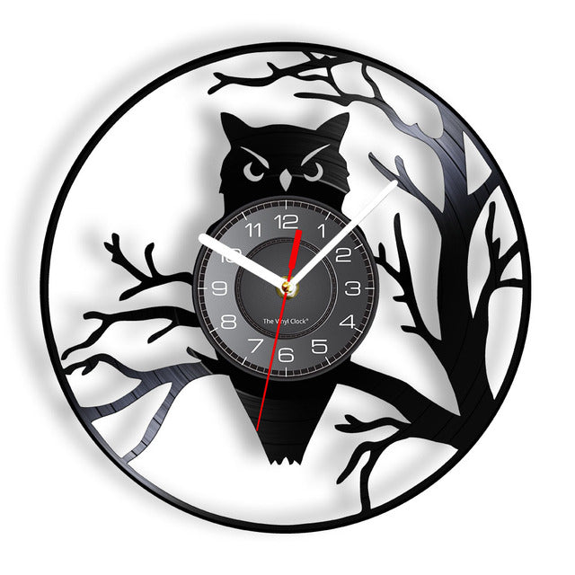 Owl Bird &amp; Branches Vinyl Album Re-purposed Record Clock Animal Wall Decor Black Hanging Wall Watch Living Room Modern Artwork