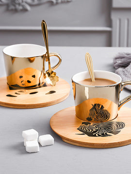 Cartoon Animal Ceramic Cup And Saucer Set With Specular Reflection Accompanied An Upgraded High-End Wooden Plate