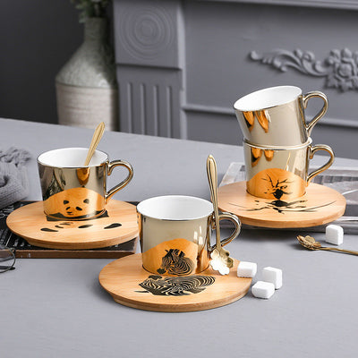 Cartoon Animal Ceramic Cup And Saucer Set With Specular Reflection Accompanied An Upgraded High-End Wooden Plate