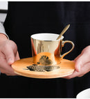 Cartoon Animal Ceramic Cup And Saucer Set With Specular Reflection Accompanied An Upgraded High-End Wooden Plate