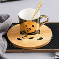 Cartoon Animal Ceramic Cup And Saucer Set With Specular Reflection Accompanied An Upgraded High-End Wooden Plate