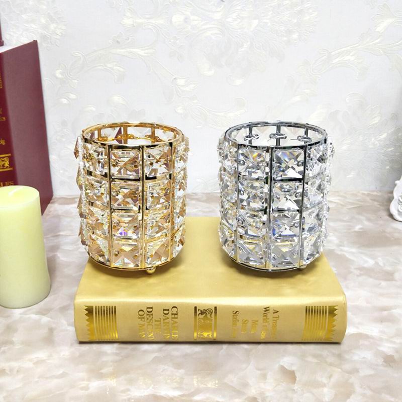 PEANDIM Nordic Cylinder Candle Holders Crystal Makeup Brush Pencil Container Metal Candle Stand Vases For Home Wedding Decor